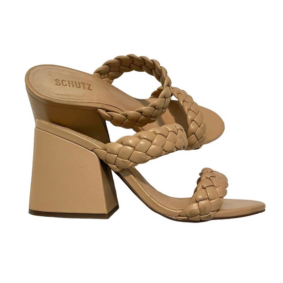 Schutz Elida 9.5 leather braided accents block heel sandal slide TOP SHELF 4501 - Picture 1 of 10